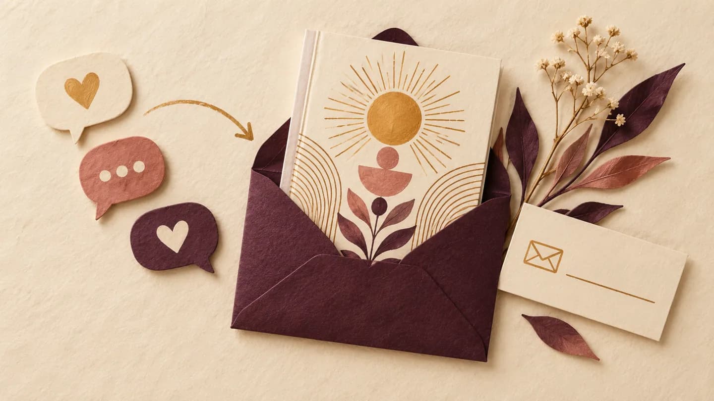 An illustrated workbook travelling from a comment bubble toward a message envelope.