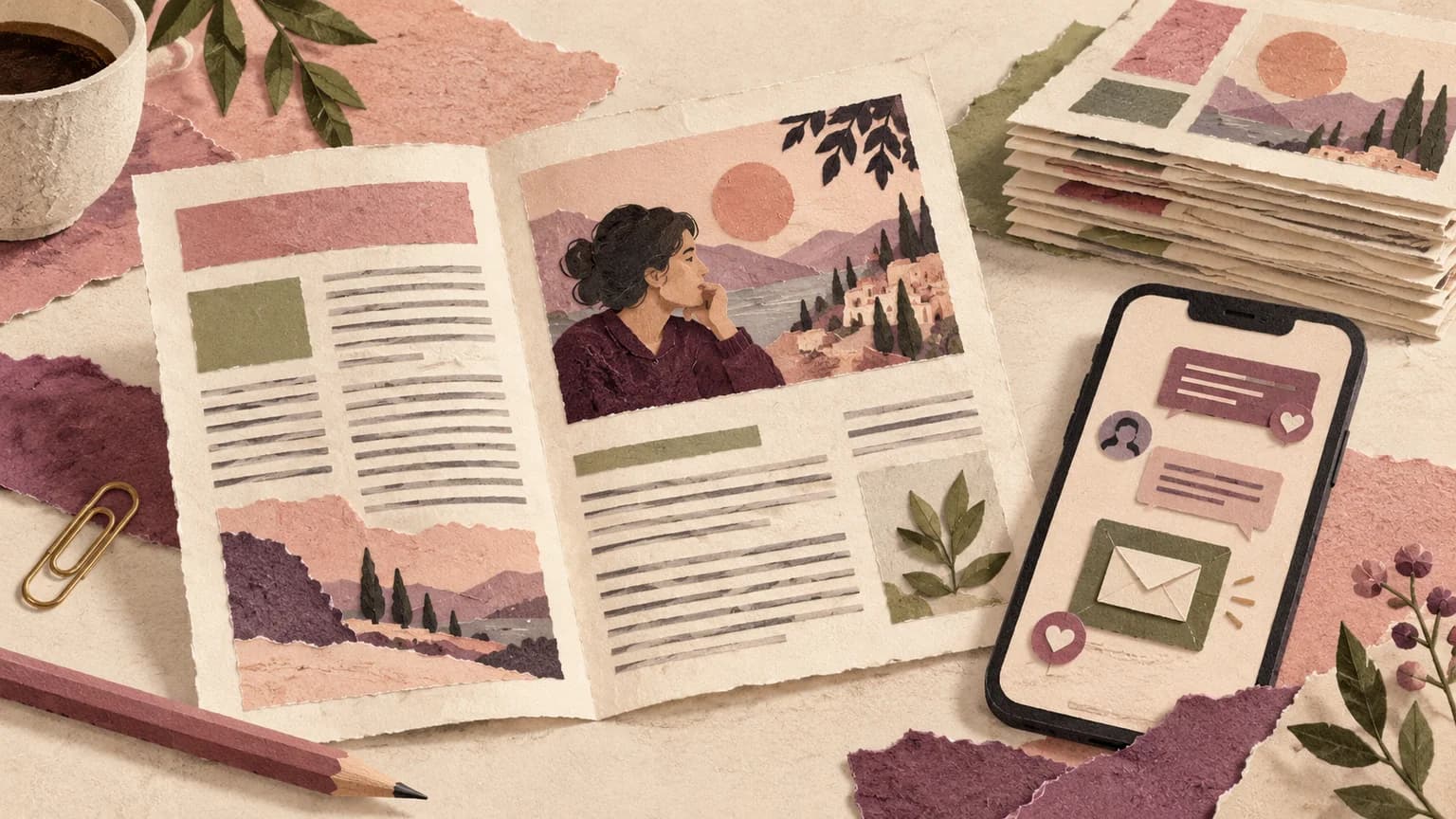 Editorial paper collage of an open sample newsletter, a stack of future issues and a phone with abstract messages.