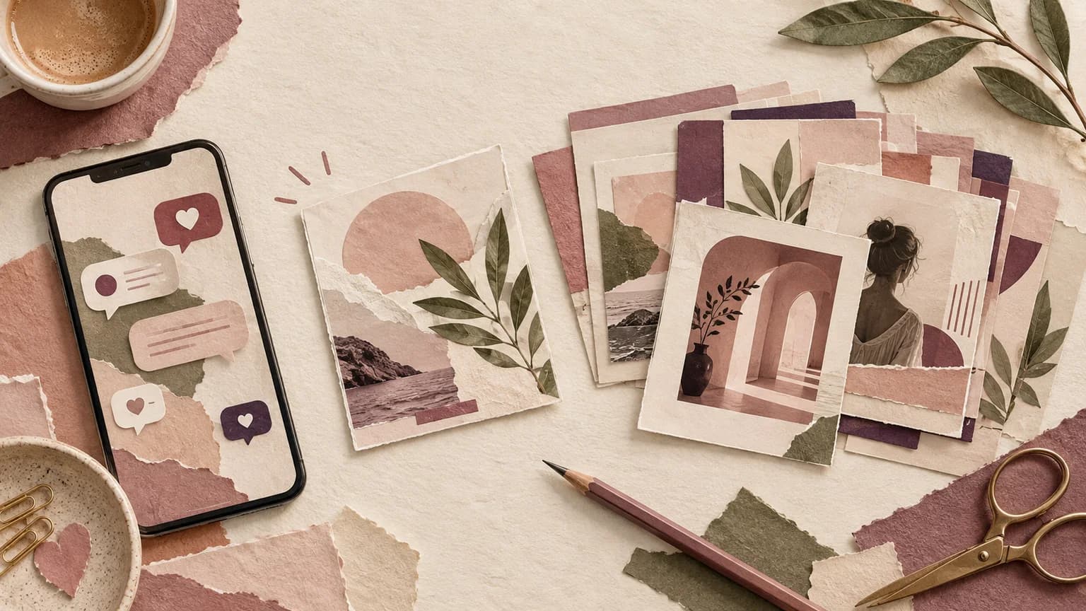 Editorial paper collage of template cards, a sample design and a phone with abstract comment shapes.