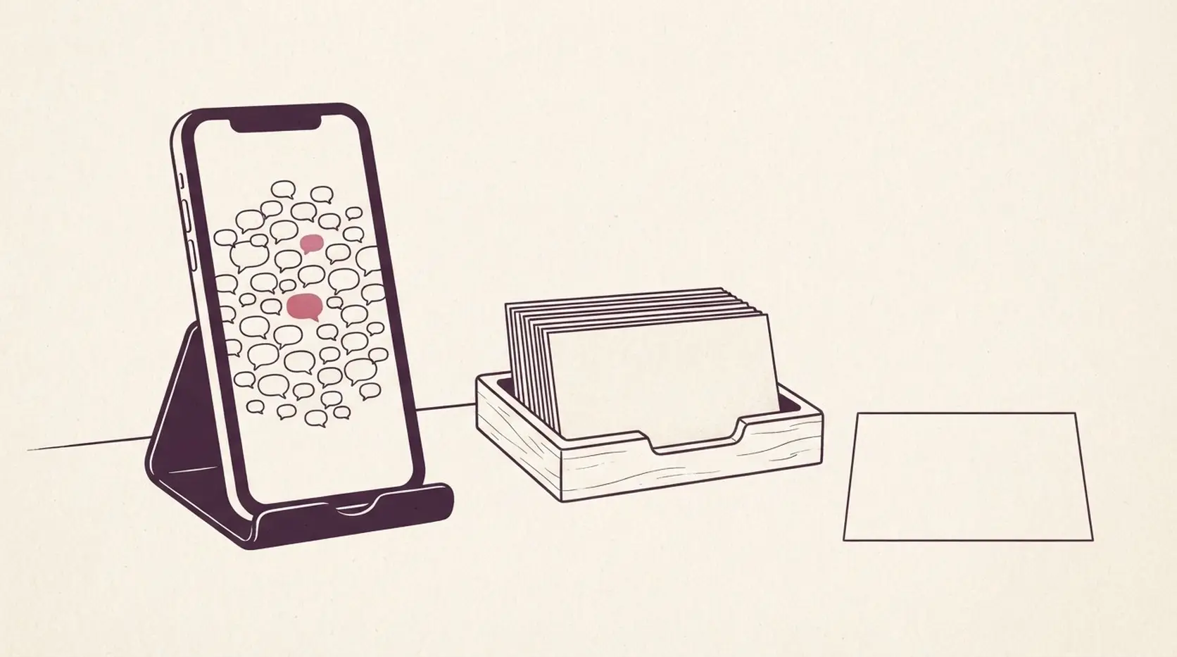 Instagram automation sorting desk: a phone with empty chat bubbles beside a tray of kept cards and one card set aside