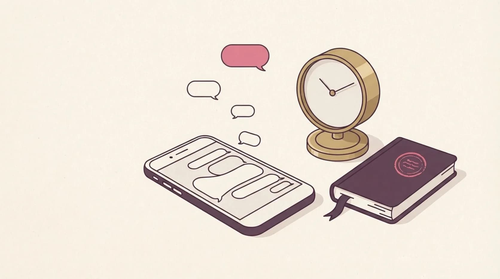 Instagram DM automation rules and time windows: a phone with empty chat bubbles beside a desk clock and a stamped rulebook