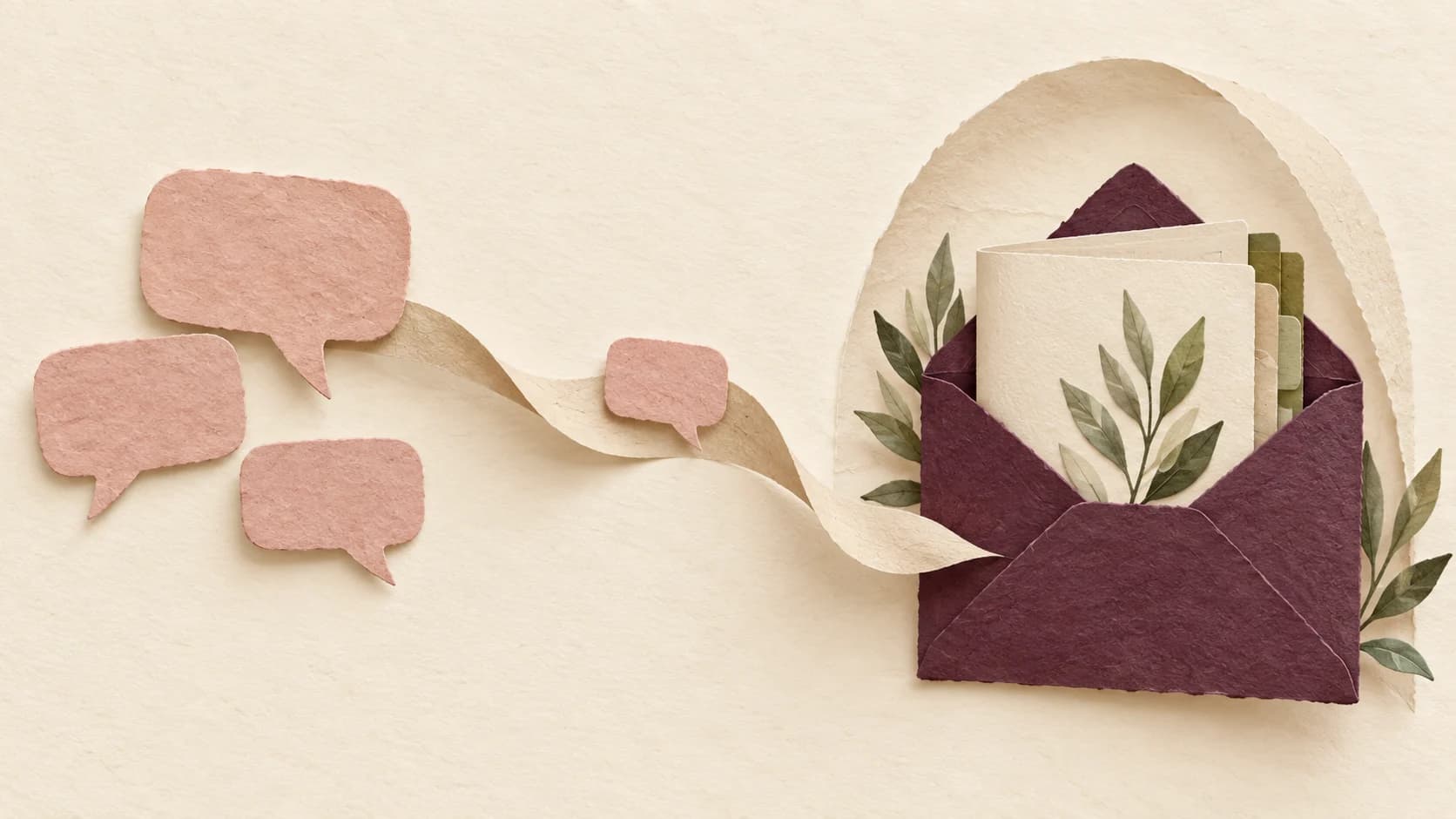 Pink public-comment bubbles follow a paper ribbon to a plum envelope holding an illustrated guide.