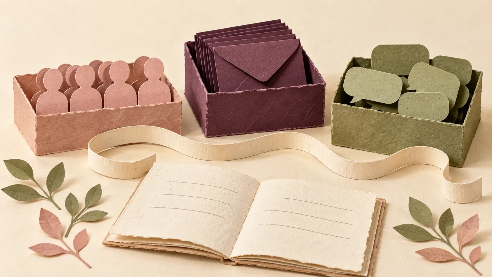 ManyChat free plan limit illustrated: people, envelopes and conversation bubbles in separate paper trays, for the different units ManyChat and ReplyMagnet count.