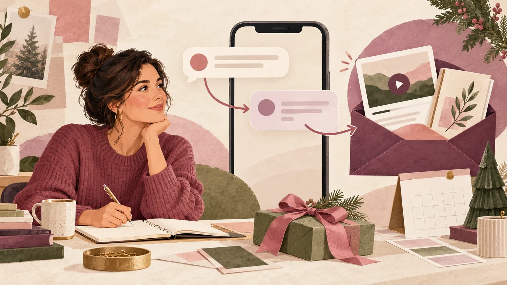 Editorial illustration of a creator planning a Black Friday Instagram resource campaign, with digital-product samples and a calendar.