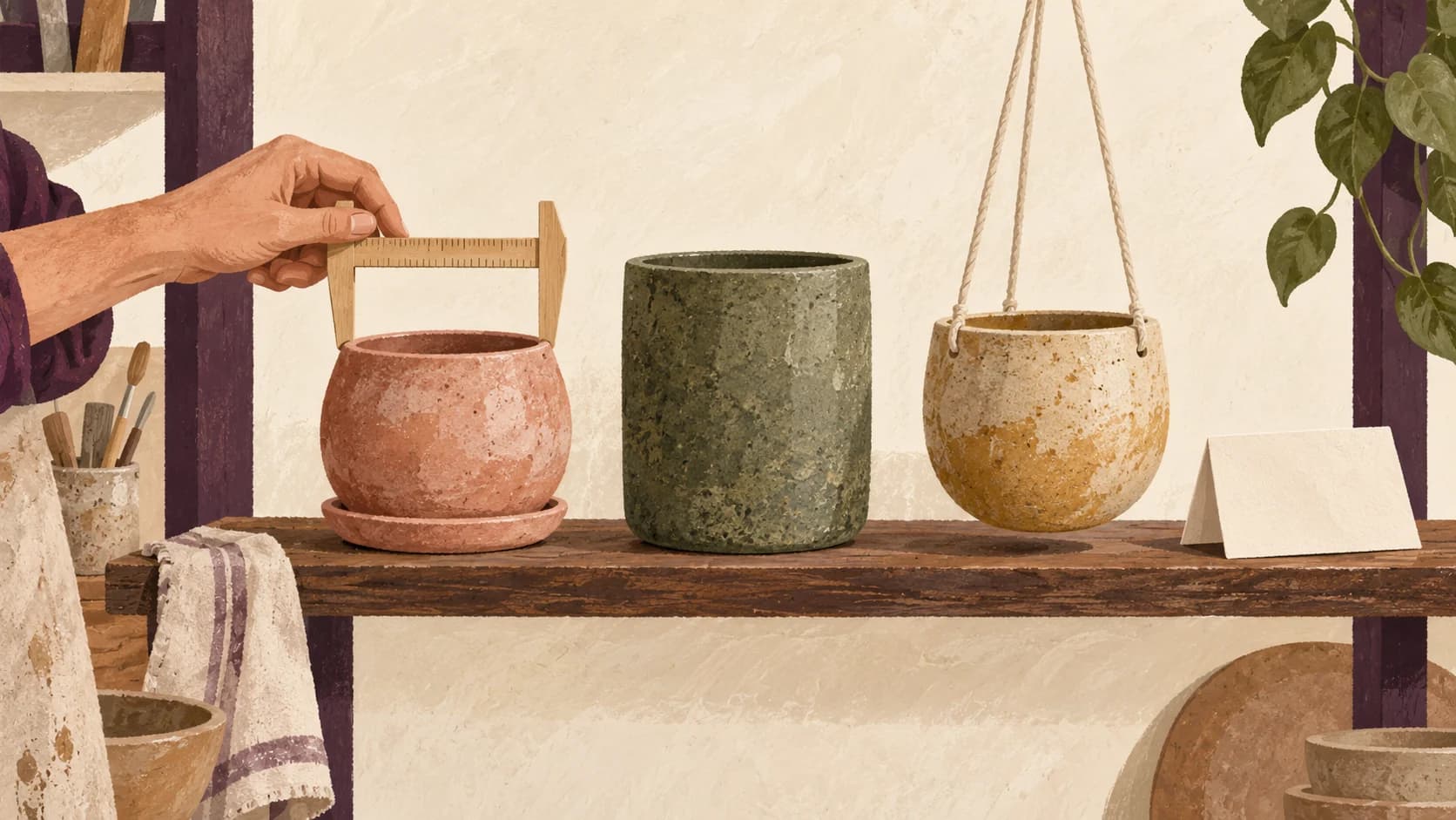 A hand holds a wooden caliper beside three differently shaped ceramic planters on a shelf, with a blank folded card nearby.