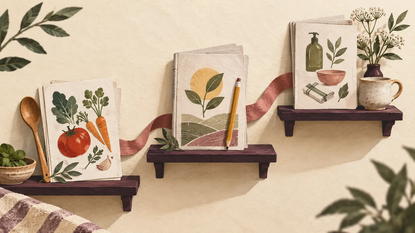 Recipe, lesson, and product-guide bundles arranged on three shelves.