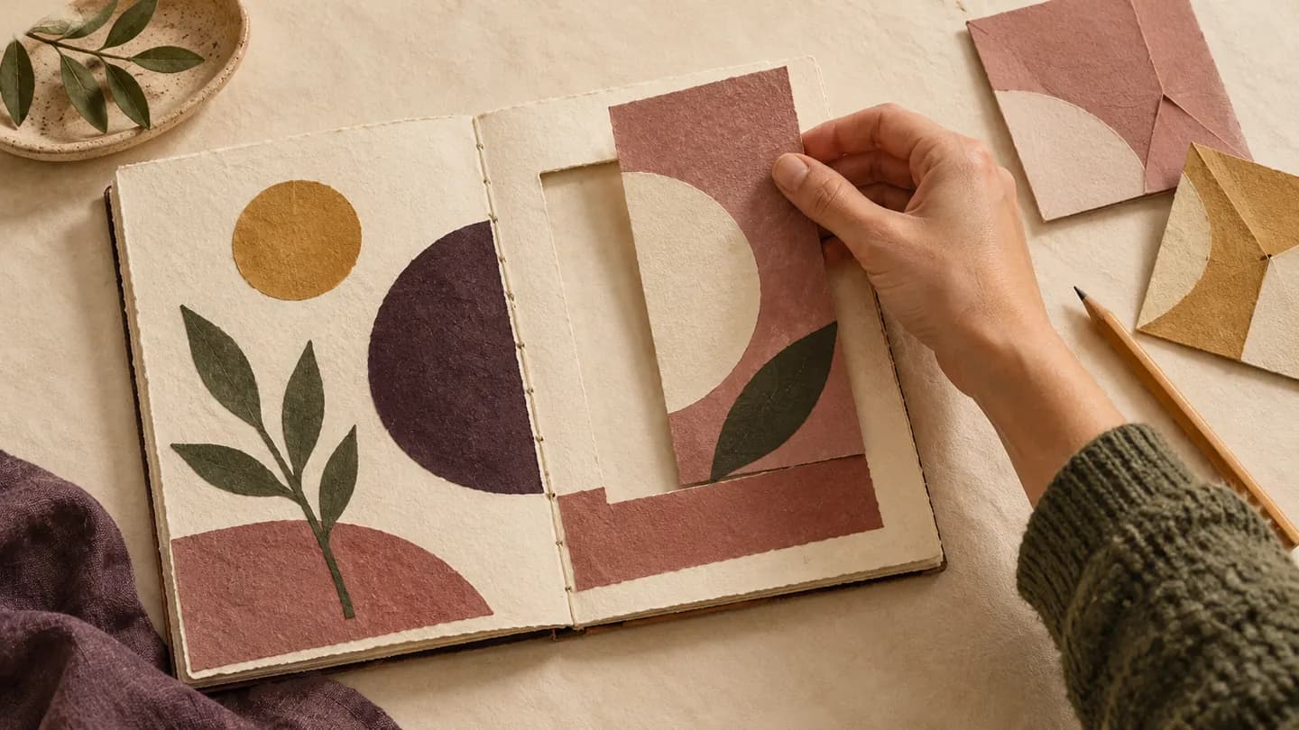 A hand fits a small worksheet into an open booklet beside folded paper templates.
