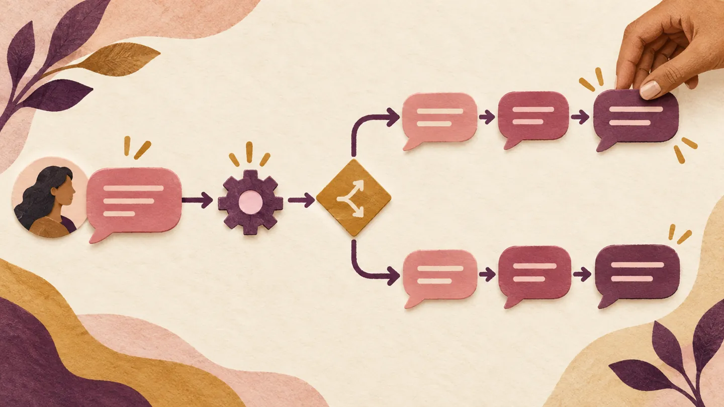 An incoming chat message passes through an automation gear and branches into two sequences of connected reply bubbles.