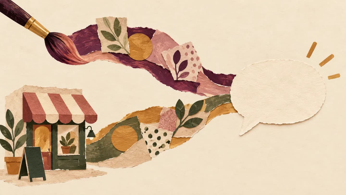 Paper paths from an artist’s paintbrush and a shop converge into one speech bubble.