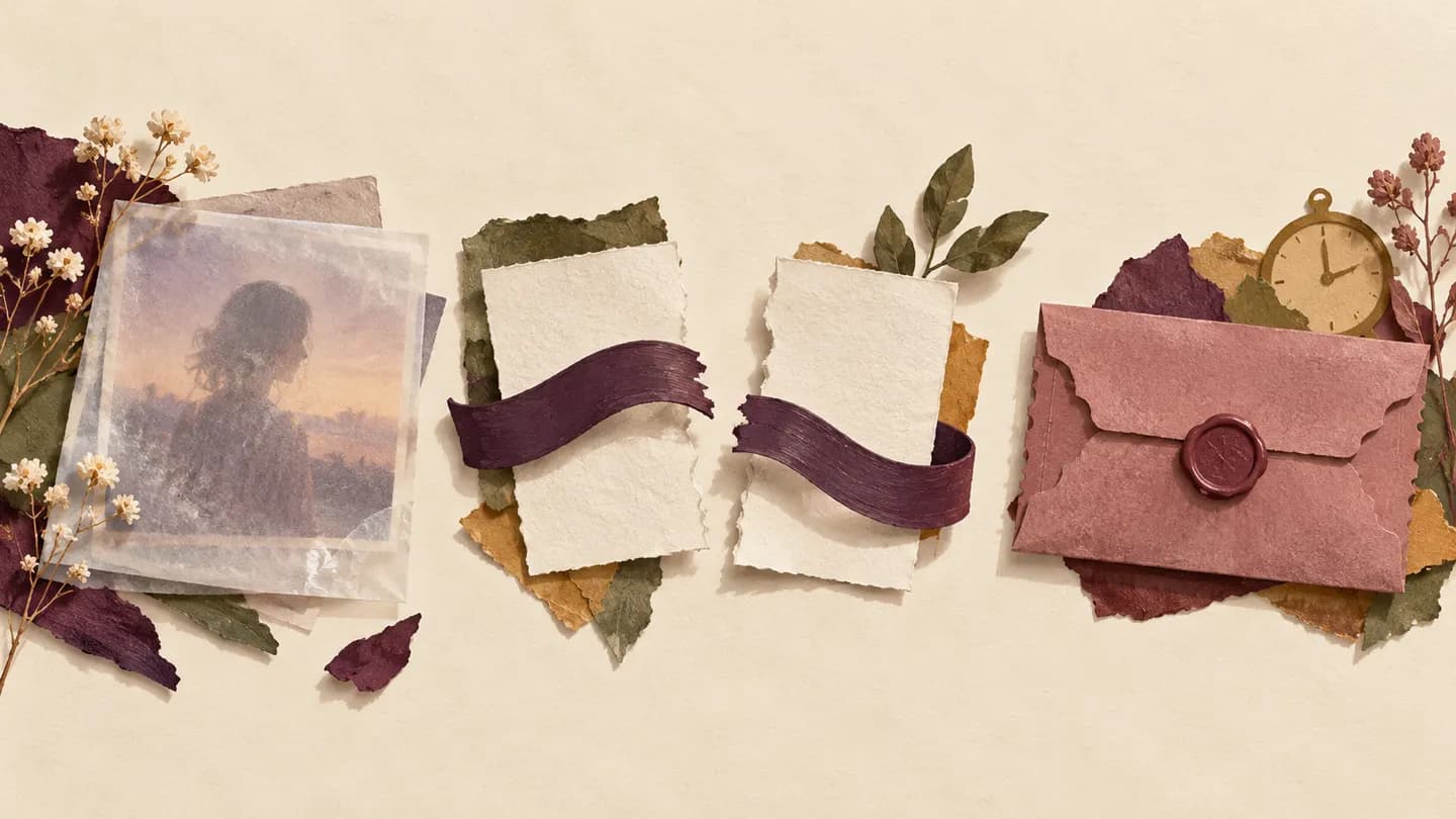 Instagram message expired, illustrated as a fading photo sleeve, an interrupted ribbon and a closed ticket envelope on cream paper.