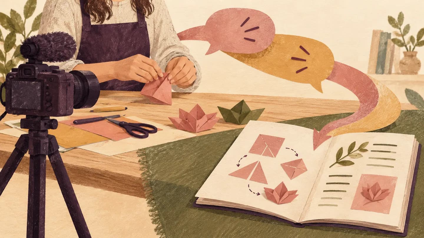 A camera records a paper-folding demonstration, with speech bubbles leading to an illustrated instruction booklet.