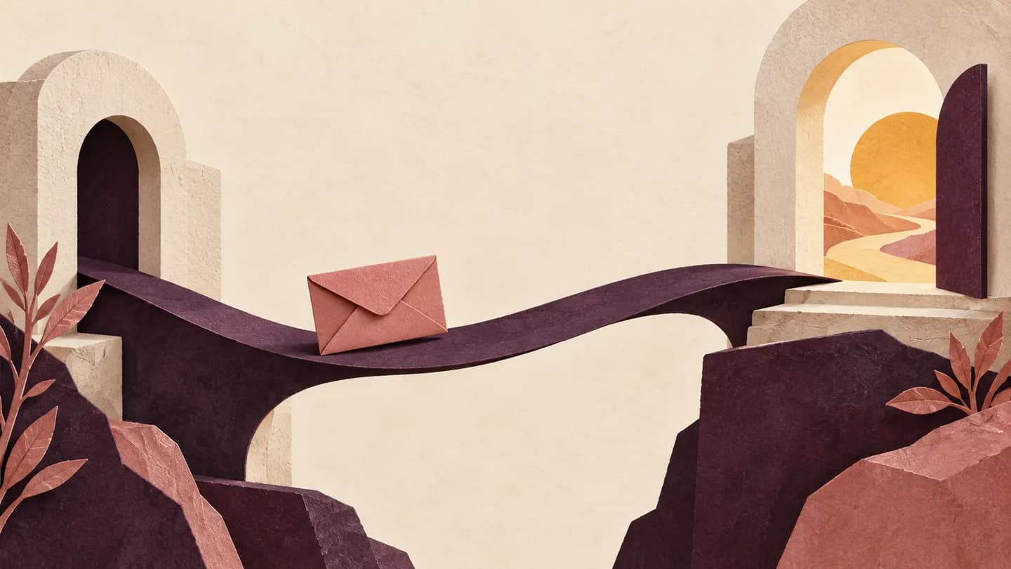 A rose paper envelope on a plum ribbon bridge between two cream archways.