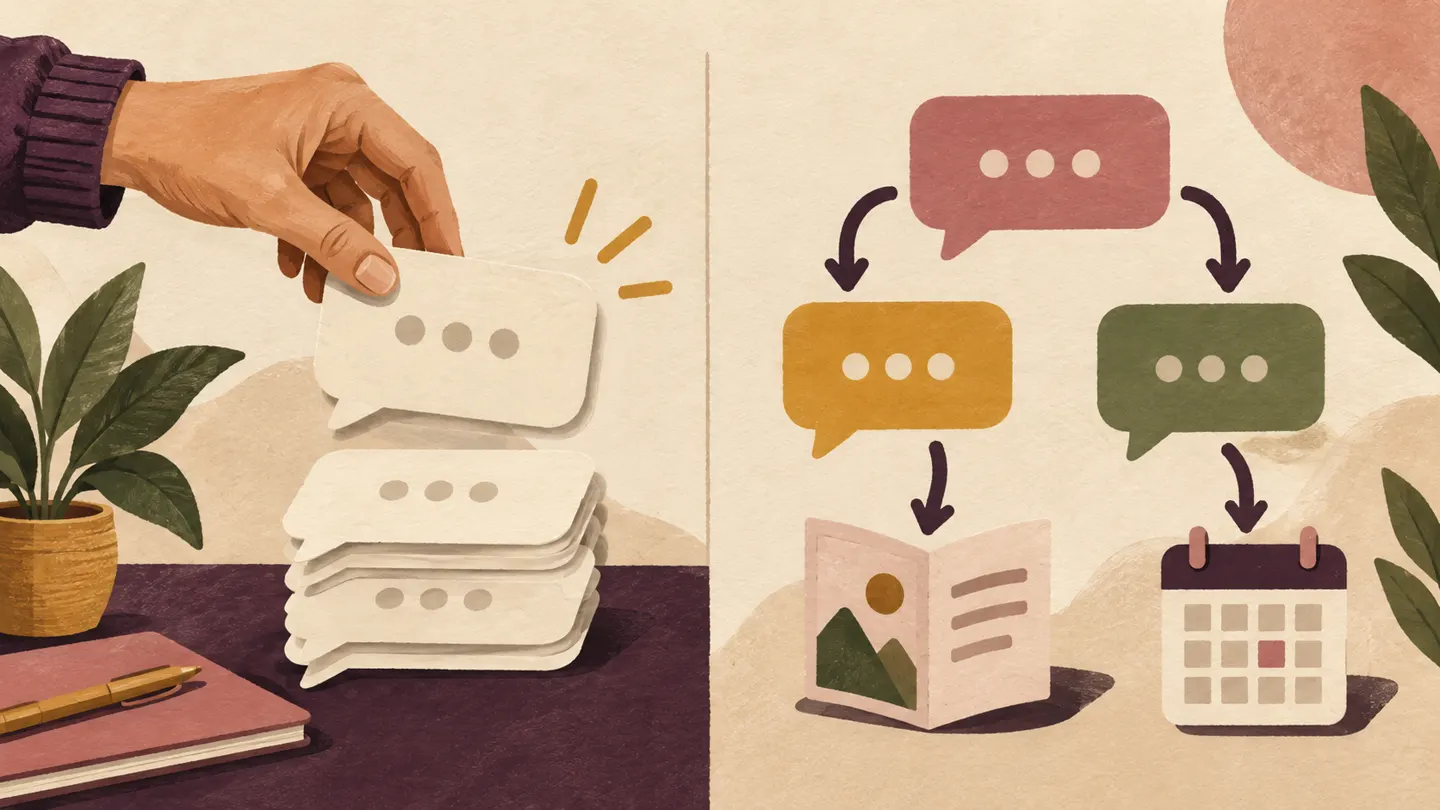 A hand selects a reusable speech card beside connected message cards leading to a booklet and calendar.