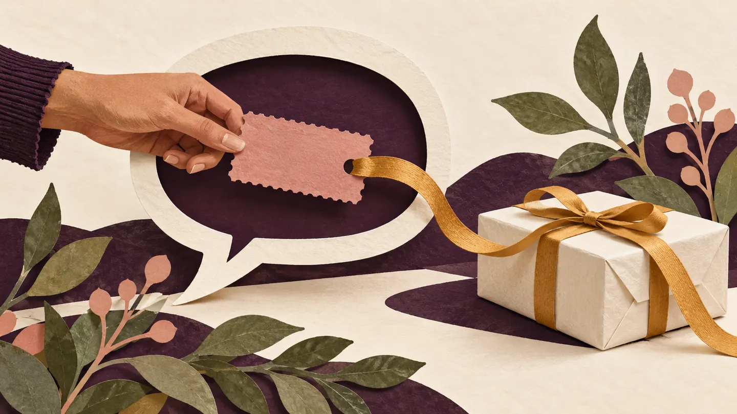 A hand passes a blank rose coupon through a plum speech bubble beside a ribbon-wrapped parcel.