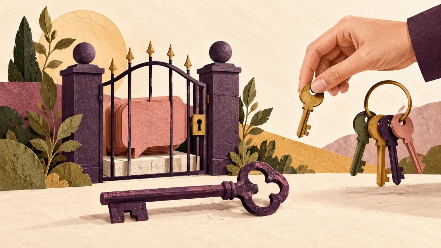 A hand selects a key beside a gated speech-bubble shape and a large plum key.