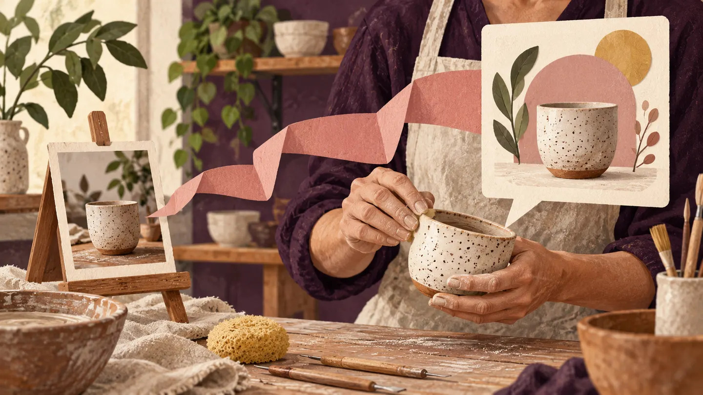 A maker holds a speckled ceramic cup beside an illustrated cup card and a folded rose paper path.