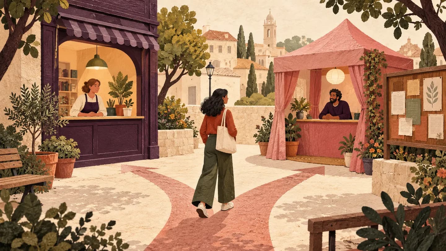 A person walks between a storefront service window and a rose conversation pavilion beside a noticeboard.