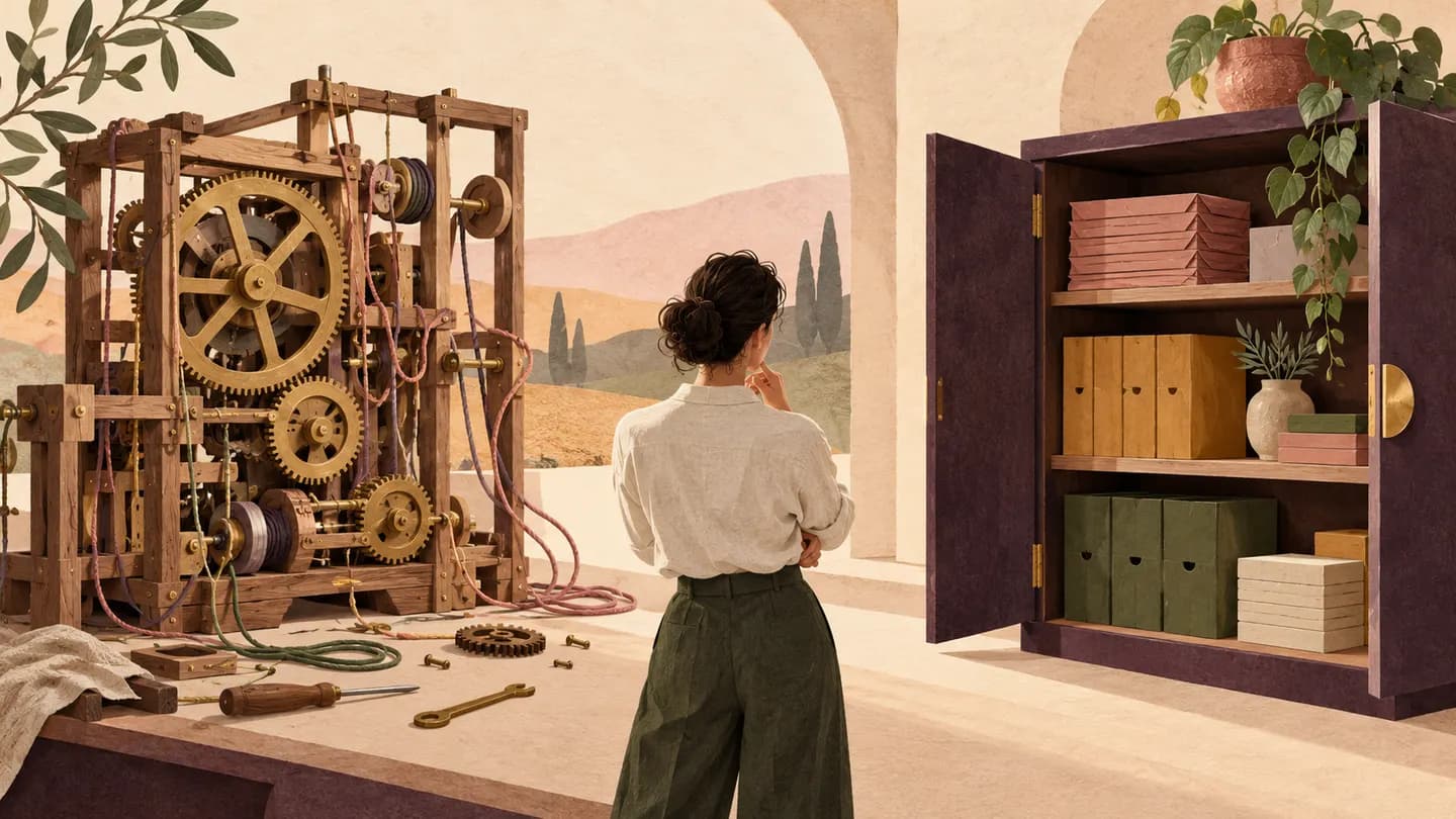 A person stands between an exposed wooden gear mechanism and a closed cabinet filled with books and folders.