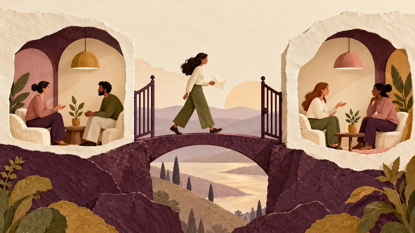 A person carries a small envelope over a gated bridge between two separate conversation alcoves.