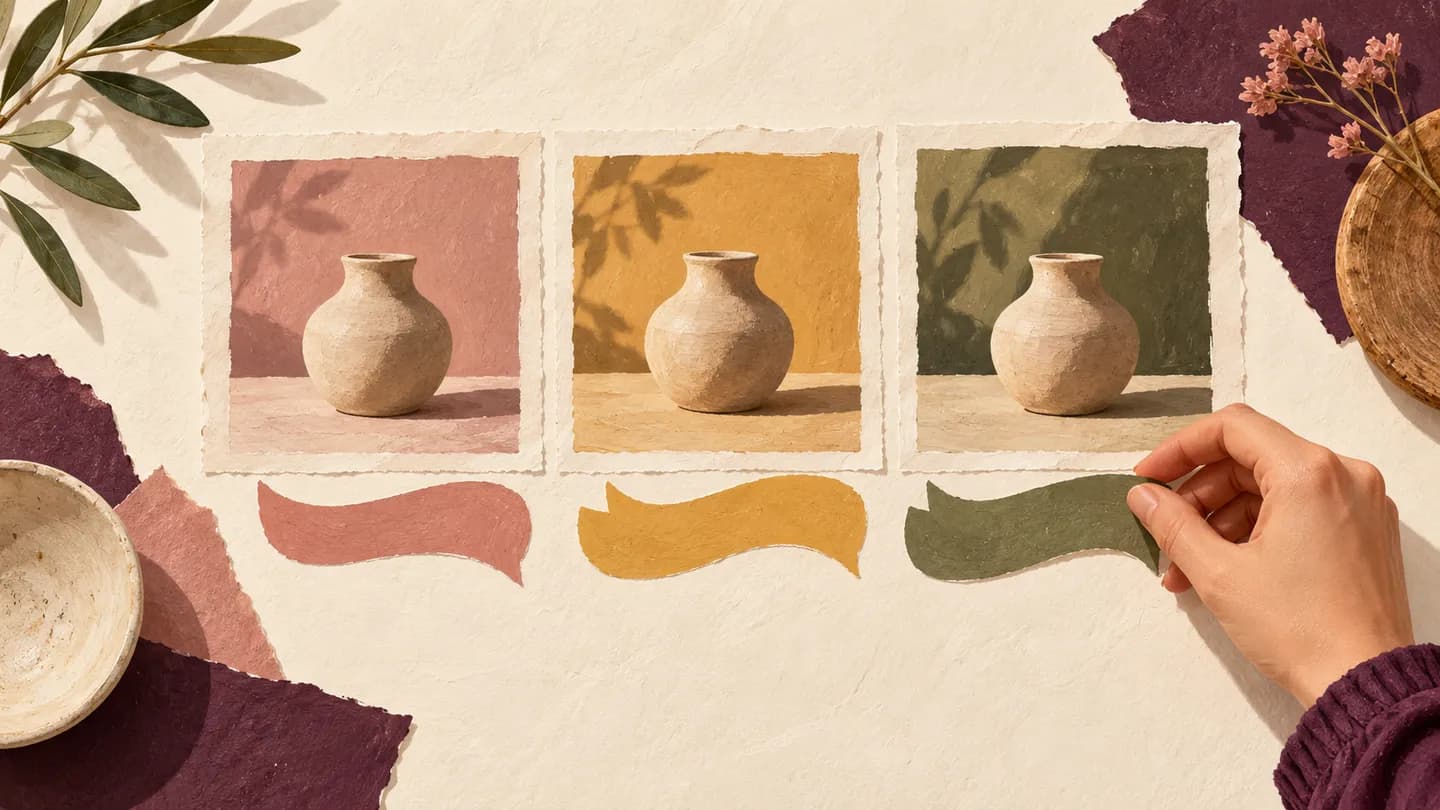 Three paper storyboard frames show the same pottery vessel with different colored speech ribbons.