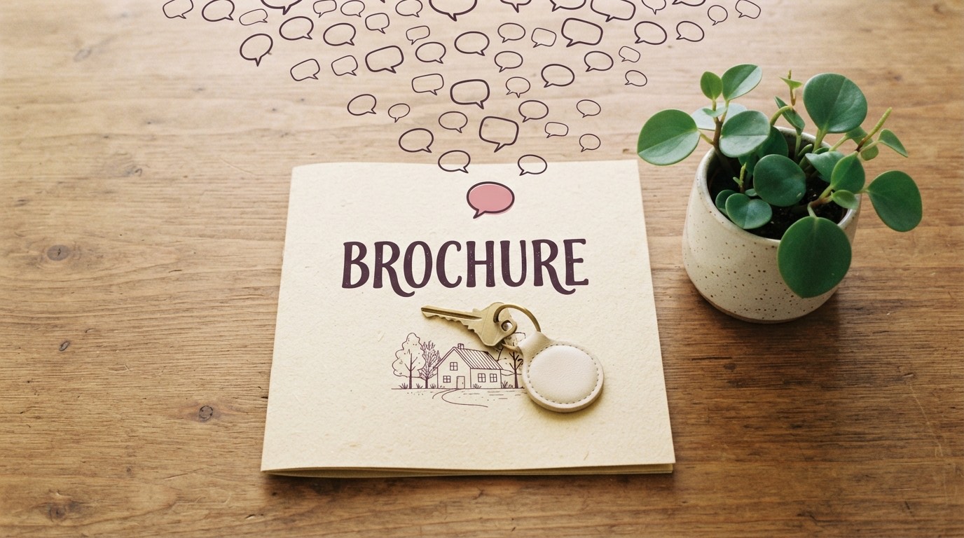 A folded property brochure and house key on a desk with a rose chat bubble landing on it: Instagram automation for real estate agents