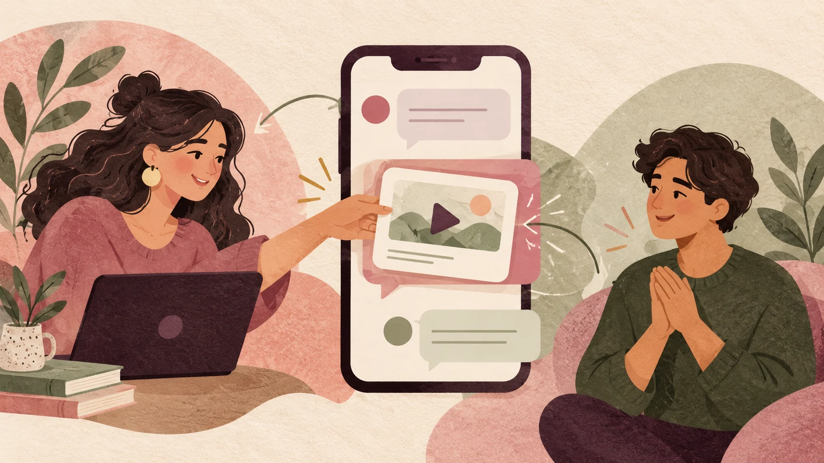 An illustrated course creator passes a video lesson through a phone to a learner.