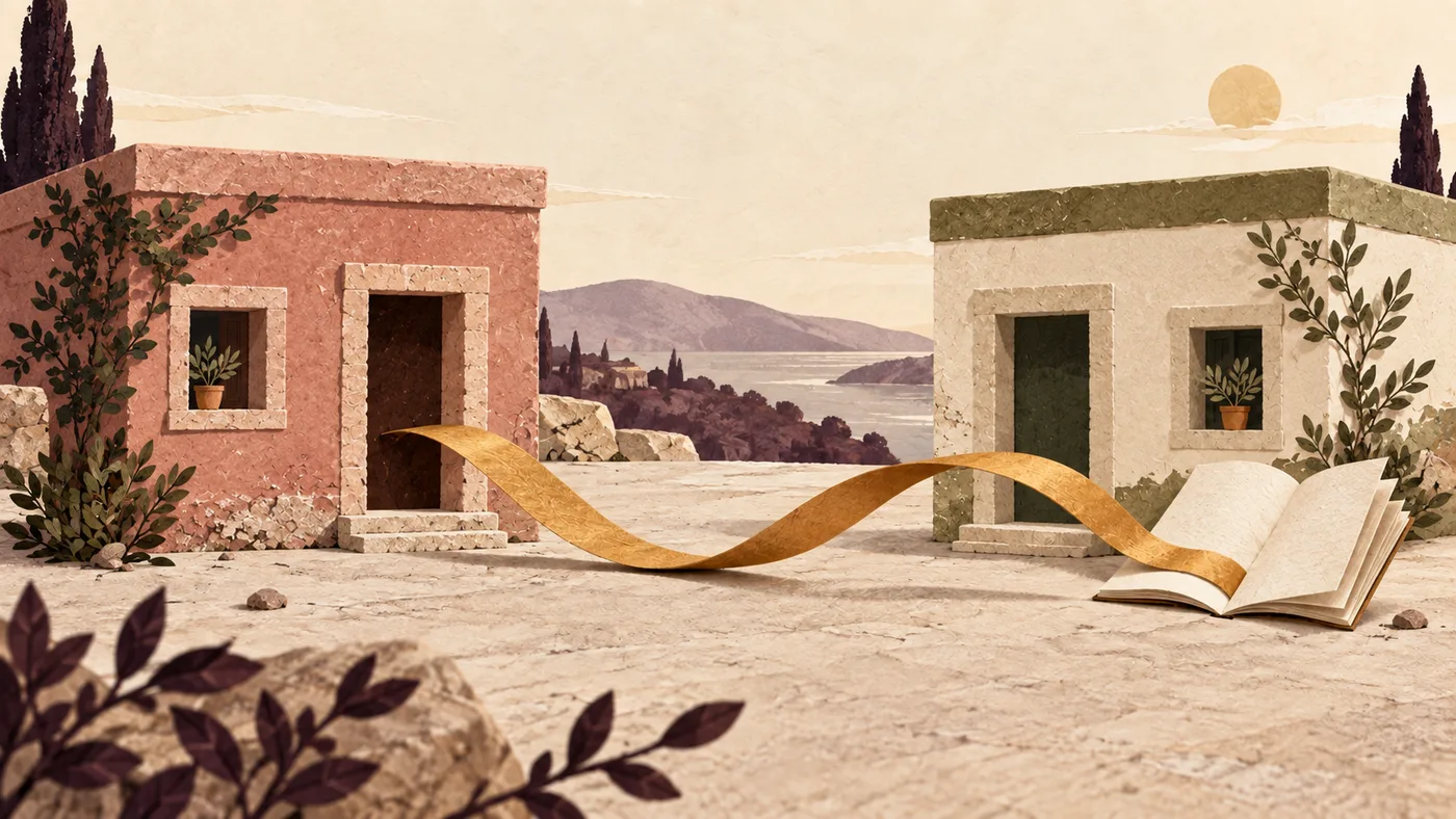 An ochre ribbon connects two house doorways and an open booklet in a textured editorial illustration