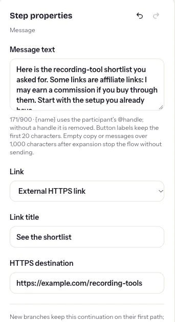 Real ReplyMagnet message editor showing the tool-shortlist response and its external-link configuration