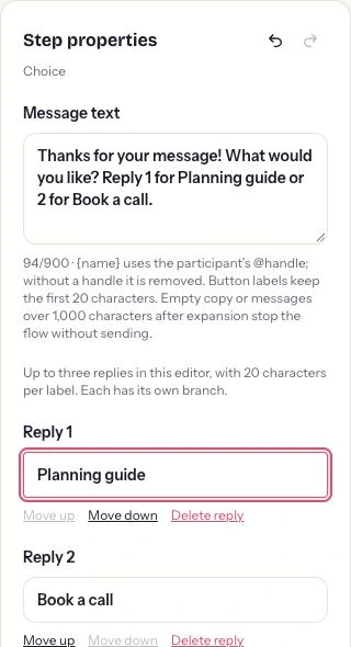 ReplyMagnet Offer choices properties showing the message and reply labels in the unsaved demonstration.