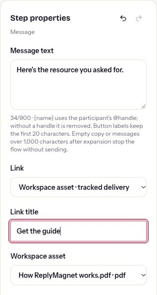 ReplyMagnet resource message properties with the workspace asset selection in the unsaved demonstration.