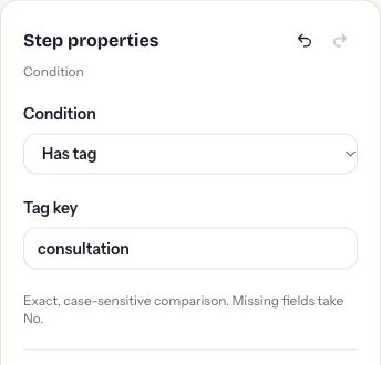 ReplyMagnet Check a condition properties for a Has tag rule in the unsaved demonstration.