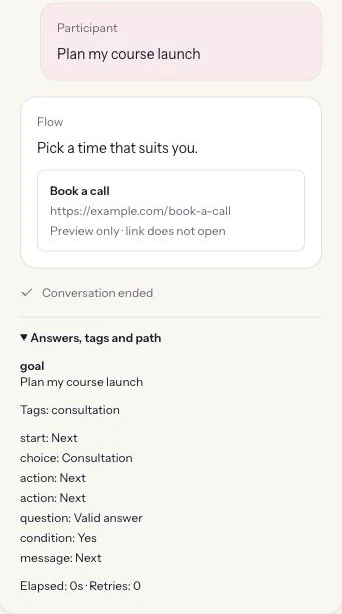 ReplyMagnet logic Preview showing synthetic answers, tags and the configured conversation path.