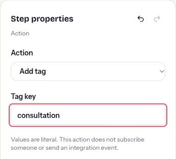 ReplyMagnet Update contact properties showing the Action and Tag key controls in the unsaved demonstration.