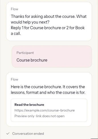 ReplyMagnet Preview showing Course brochure selected, the brochure message and Conversation ended