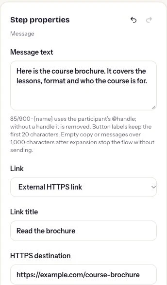 ReplyMagnet message properties showing brochure text, External HTTPS link and Read the brochure link title