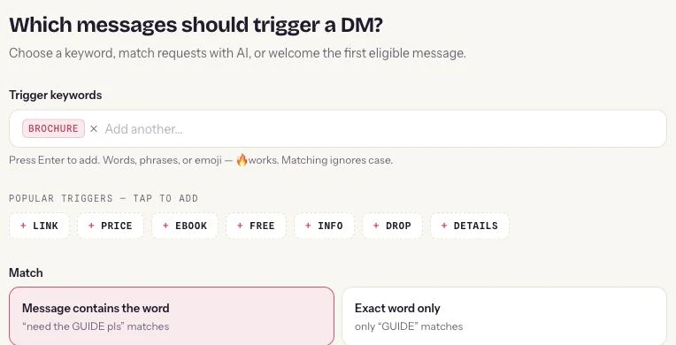 ReplyMagnet Trigger screen with BROCHURE and Message contains the word selected